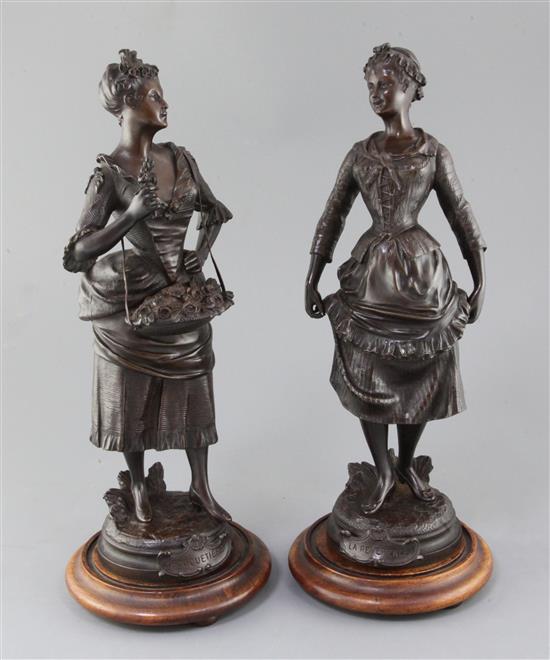 After Joseph Francois Belin. A pair of French bronze figures of ladies La Reverence and Bouquetieer, bronze height 15.5in.
